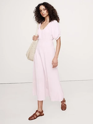 Viscose-Linen Dupioni Ruched Long Midi Dress