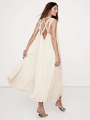 Pleated Georgette Open-Back Long Midi Dress