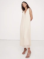 Pleated Georgette Open-Back Long Midi Dress
