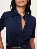 Silky Cotton Short-Sleeve Button-Down Top