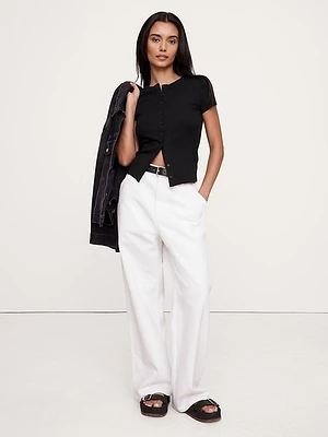 Ribbed Short-Sleeve Button-Down Top