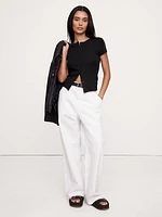Ribbed Short-Sleeve Button-Down Top