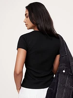 Ribbed Short-Sleeve Button-Down Top