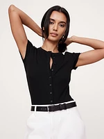 Ribbed Short-Sleeve Button-Down Top