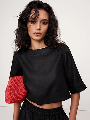 Linen Boat-Neck Cropped Top