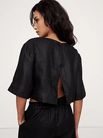 Linen Boat-Neck Cropped Top