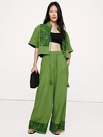 High-Rise Wide-Leg Embroidered Tencel™-Linen Pull-On Pant