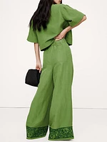 High-Rise Wide-Leg Embroidered Tencel™-Linen Pull-On Pant