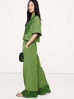 High-Rise Wide-Leg Embroidered Tencel™-Linen Pull-On Pant