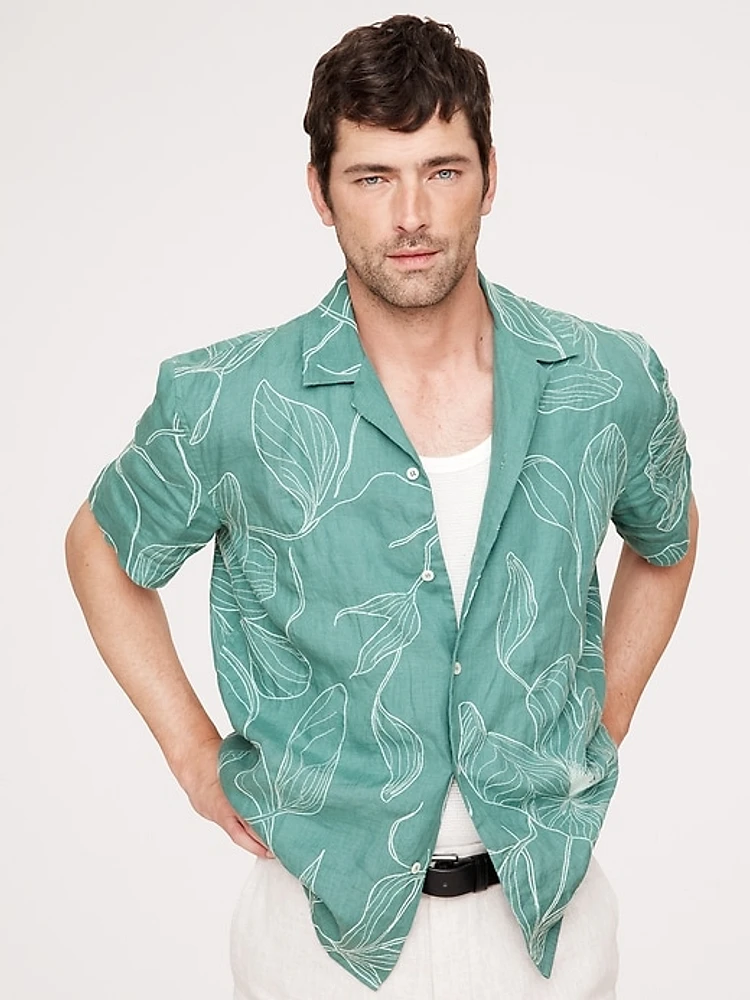 Standard-Fit Embroidered Linen Resort Shirt