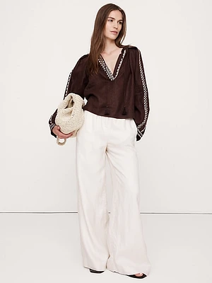 Embroidered Linen Peasant Blouse
