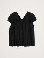 Oversized Linen Button-Front Drawstring Top