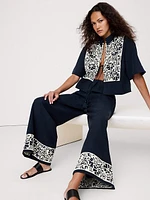 High-Rise Wide-Leg Embroidered Tencel™-Linen Pull-On Pant