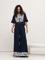 High-Rise Wide-Leg Embroidered Tencel™-Linen Pull-On Pant