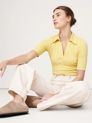 Ribbed Elbow-Sleeve Polo