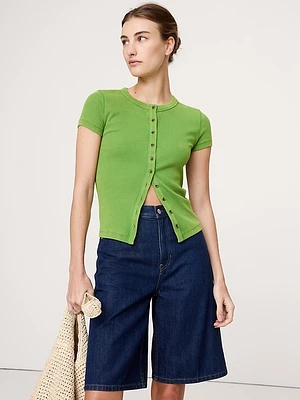 Ribbed Short-Sleeve Button-Down Top