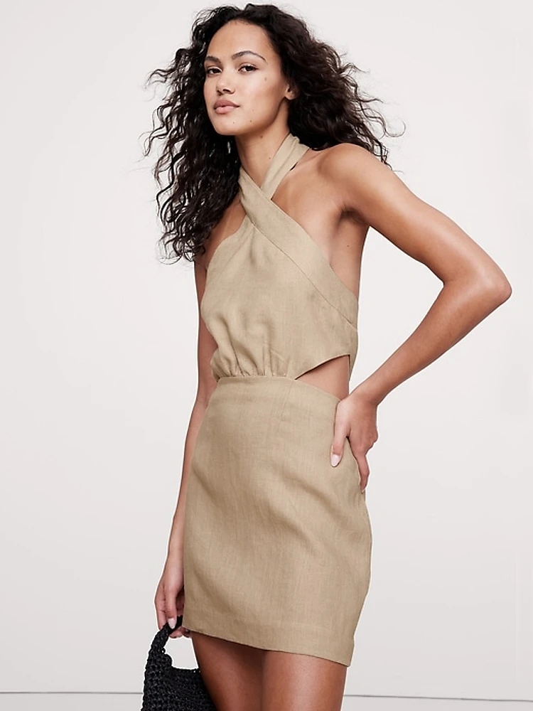 Linen Halter Cut-Out Mini Dress