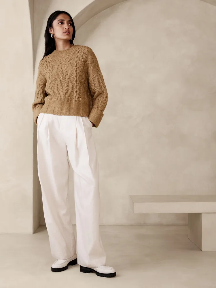 Cream Brushed Cable Knit Wide Leg Pants