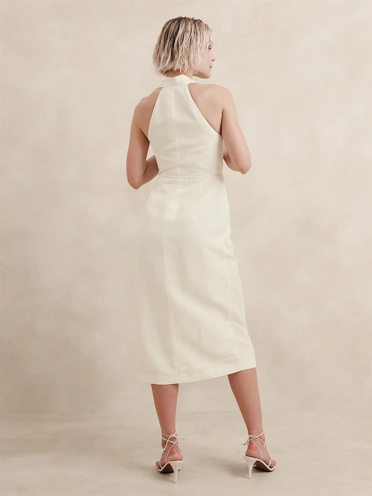 Silk-Linen Wrap-Effect Midi Dress