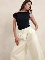 Pleated Wide-Leg Crop Poplin Pant