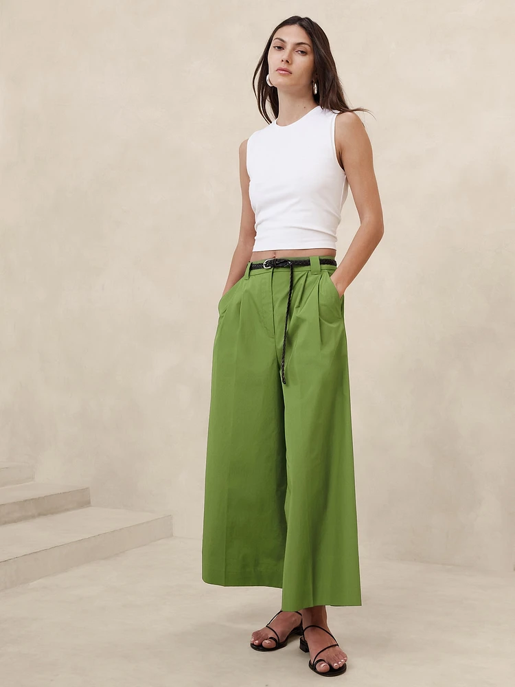 Pleated Wide-Leg Crop Poplin Pant