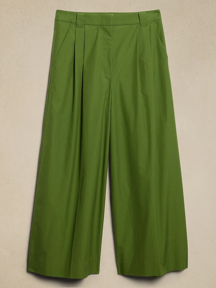 Pleated Wide-Leg Crop Poplin Pant