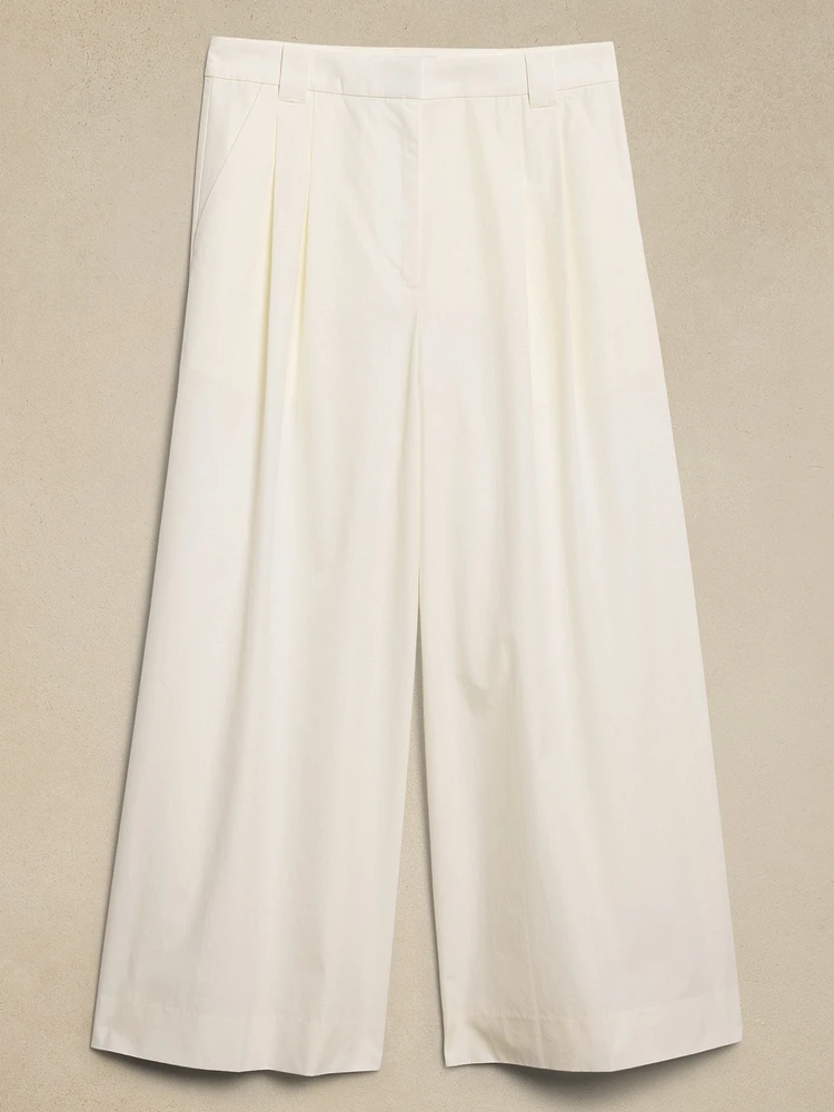 Pleated Wide-Leg Crop Poplin Pant