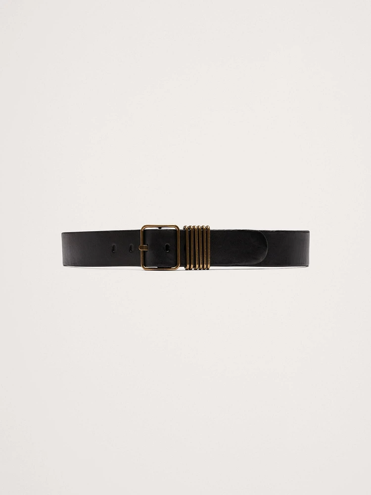 Leather Square-Buckle Waist Belt with 6 Bars