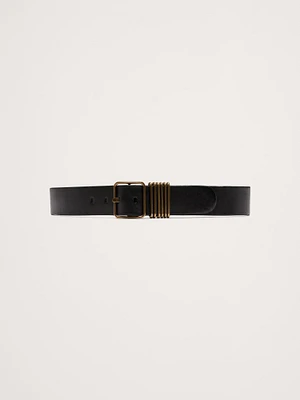 Leather Square-Buckle Waist Belt with 6 Bars