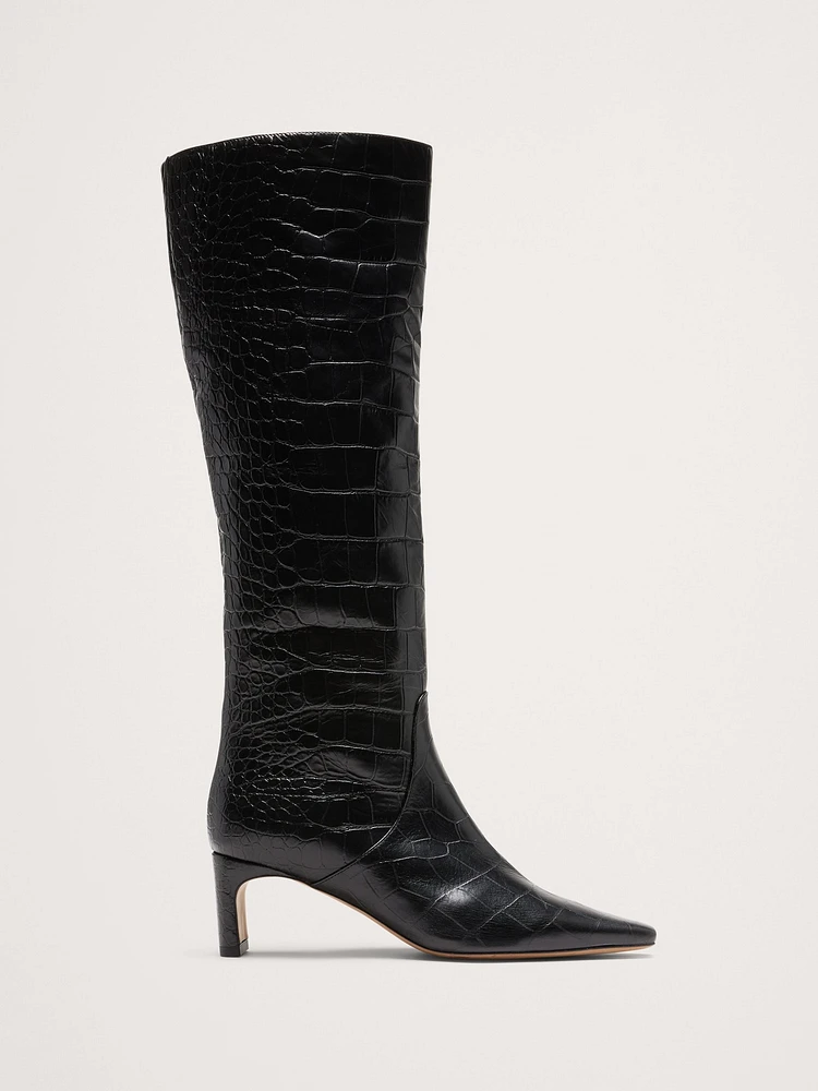 Italian Embossed Leather Mid-Heel Boot