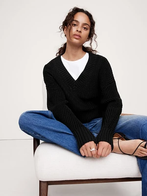 Oversized Cropped V-Neck Cotton Sweater