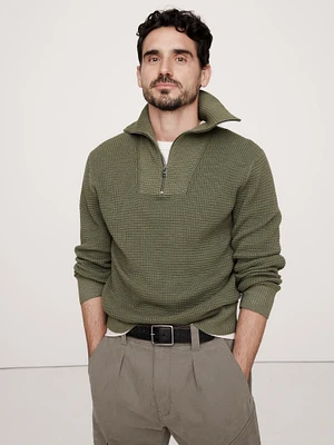 Cotton Waffle-Knit Half-Zip Sweater