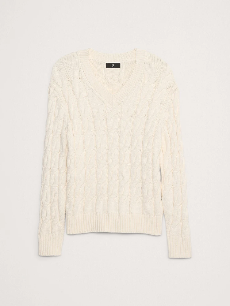 Relaxed Cable-Knit Cotton-Blend V-Neck Sweater