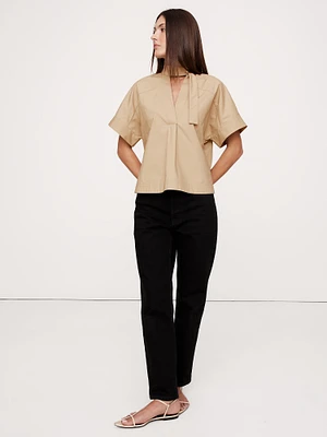 Cotton Poplin Popover Tie-Neck Top