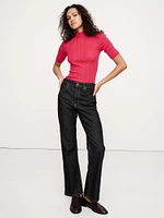 Ribbed Merino Mock-Neck Elbow-Sleeve Sweater