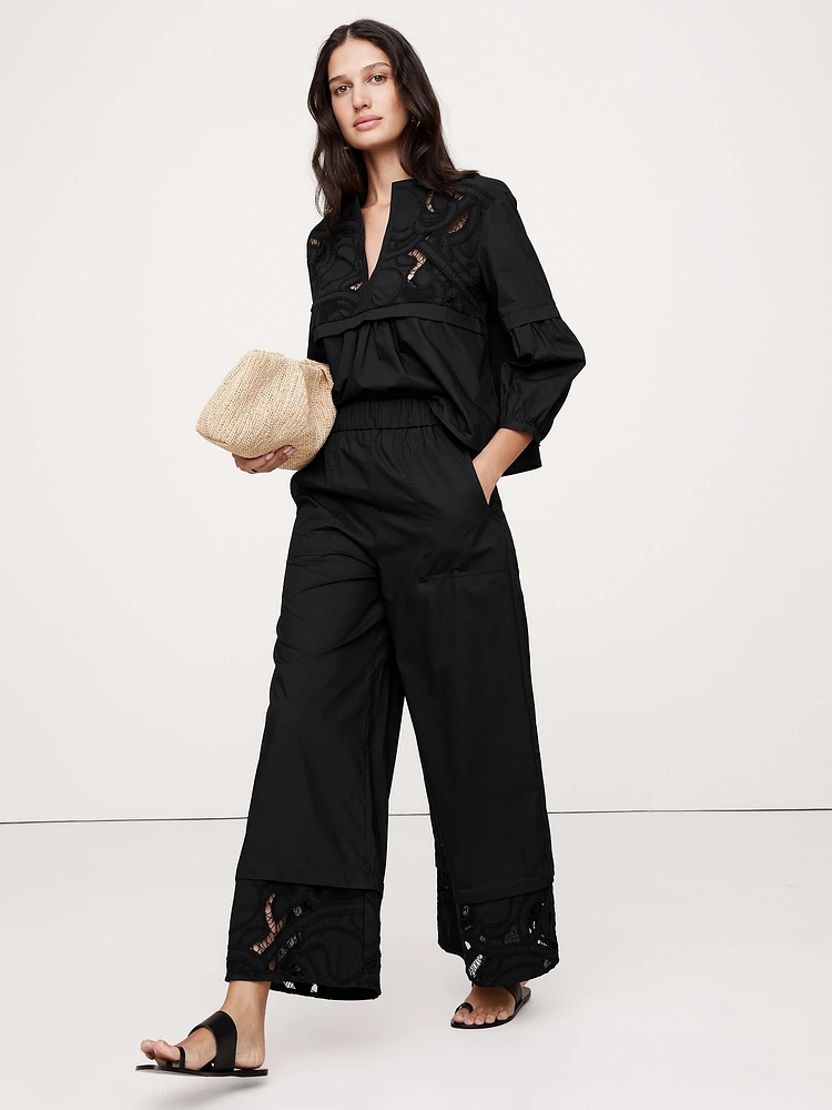 High-Rise Wide-Leg Embroidered Cotton Poplin Cropped Pull-On Pant