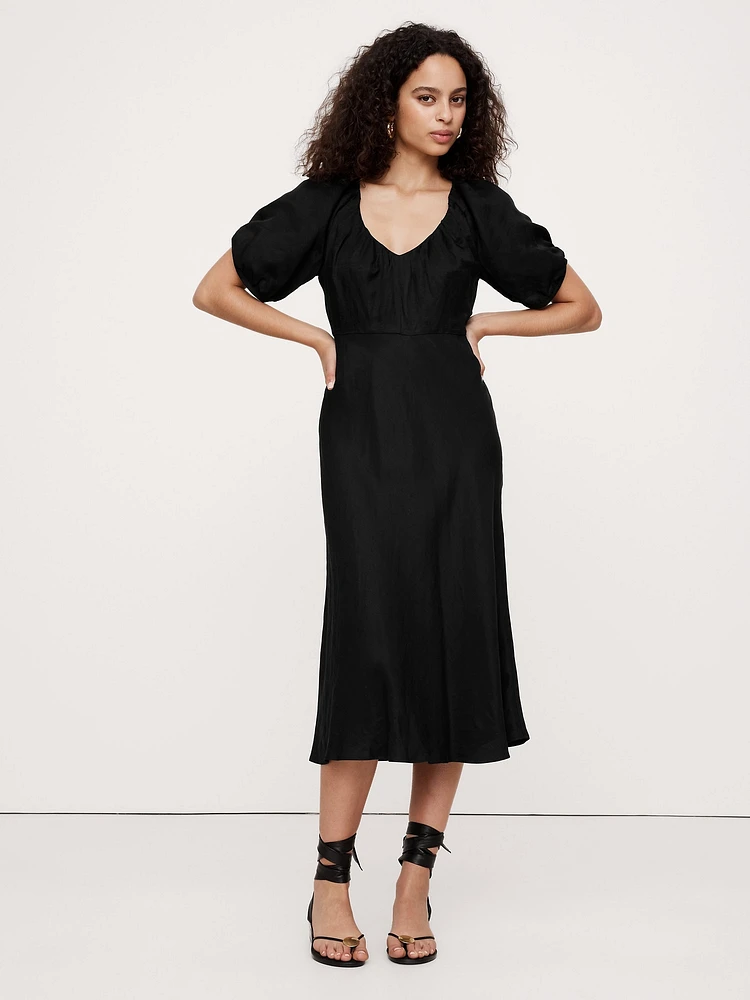 Viscose-Linen Ruched Midi Dress