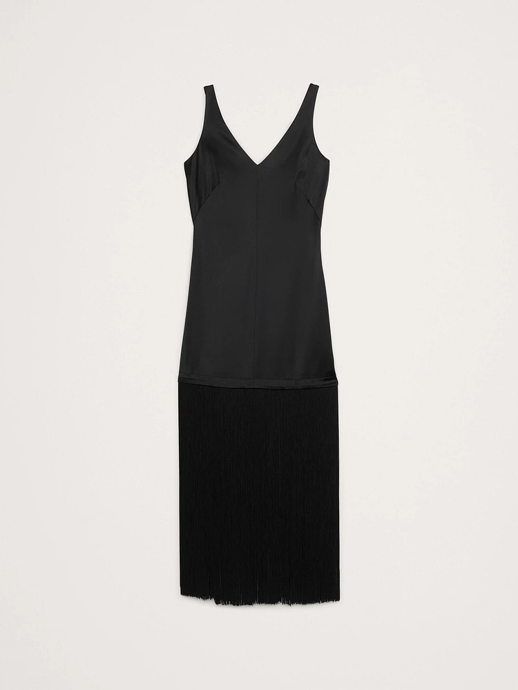 Fringe Stretch-Satin V-Neck Maxi Dress