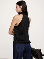 Hammered Satin Halter Button-Down Top