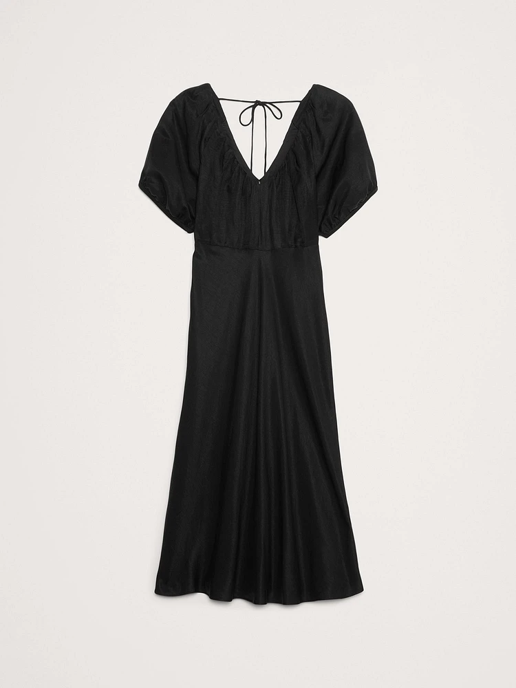 Viscose-Linen Ruched Long Midi Dress