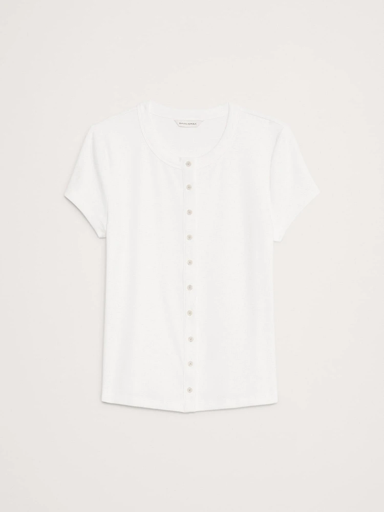 Ribbed Short-Sleeve Button-Down Top
