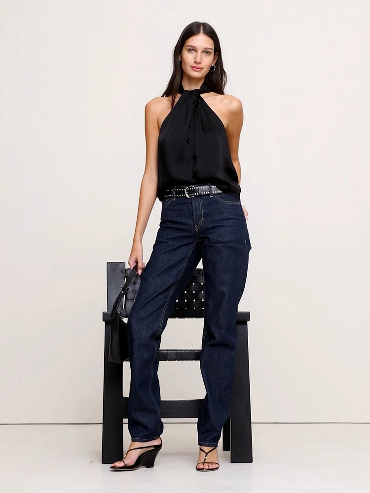 Hammered Satin Halter Button-Down Top