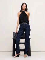 Hammered Satin Halter Button-Down Top