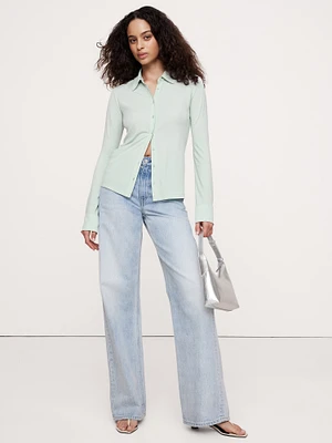 Crepe Knit Button-Down Shirt