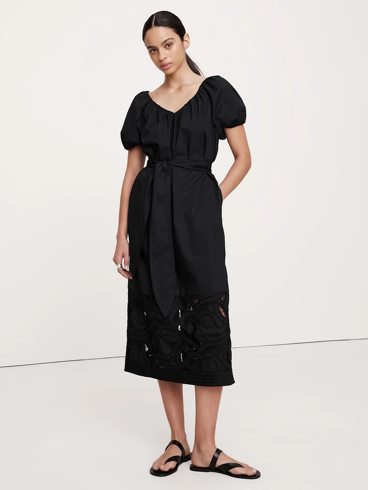 Embroidered Cotton Poplin Ruched Dress