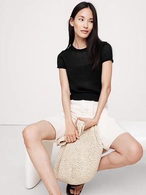 Fitted Linen Short-Sleeve Sweater