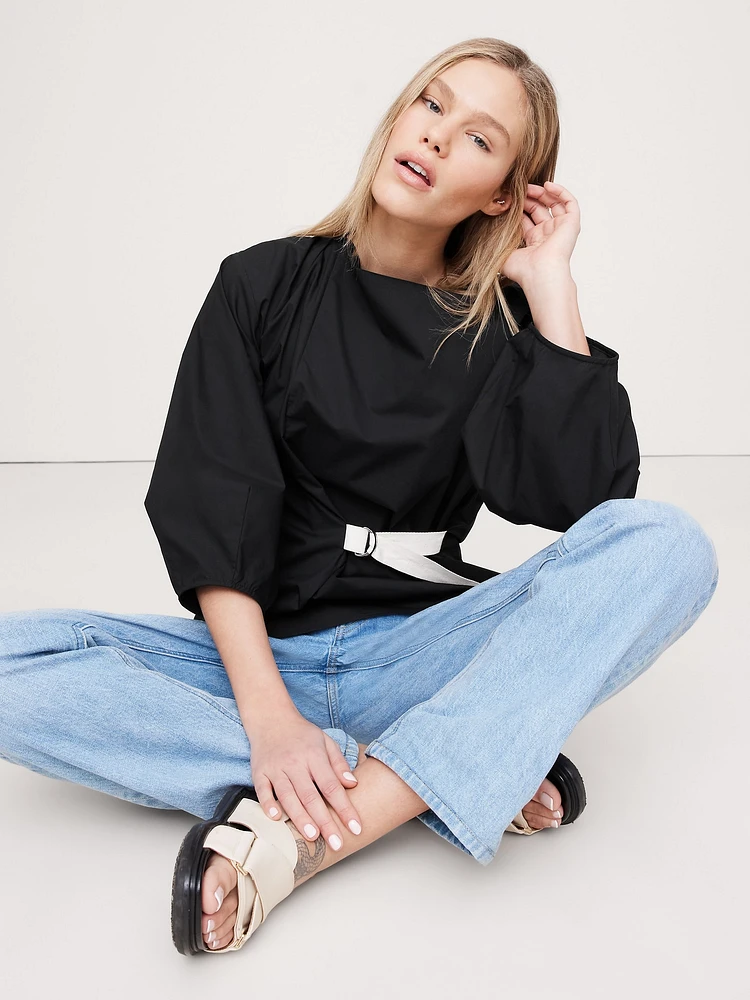 Reversible Cotton Poplin Cowl-Neck Tie-Waist Top