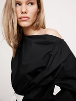 Reversible Cotton Poplin Cowl-Neck Tie-Waist Top