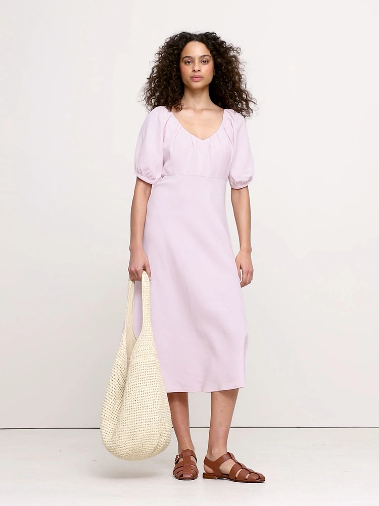 Viscose-Linen Dupioni Ruched Long Midi Dress