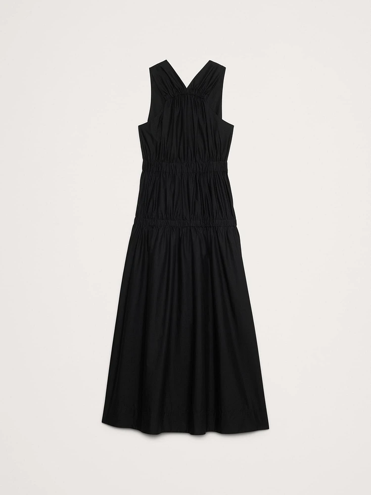 Cotton Poplin Ruched Drop-Waist Maxi Dress